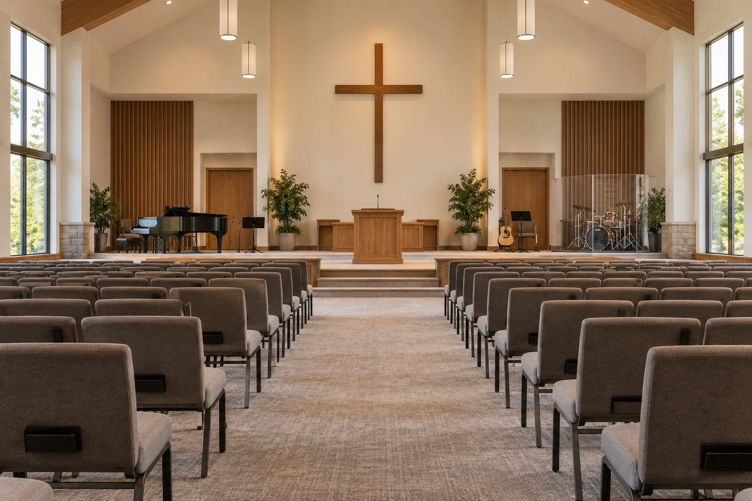 Christian church sanctuary with rows of seating, altar platform and wooden cross